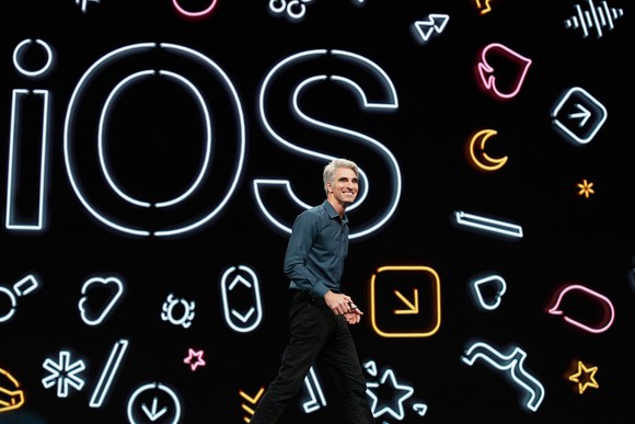 Apple senior vice president of software engineering Craig Federighi unveils iOS 13 at WWDC 2019