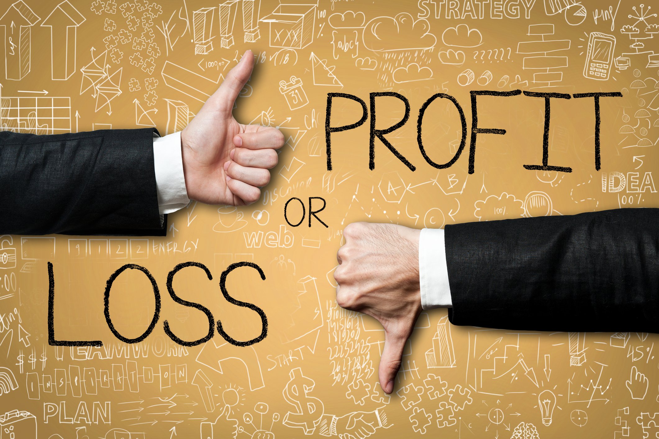 A thumbs up next to the word "profit" and a thumbs down next to the word "loss"