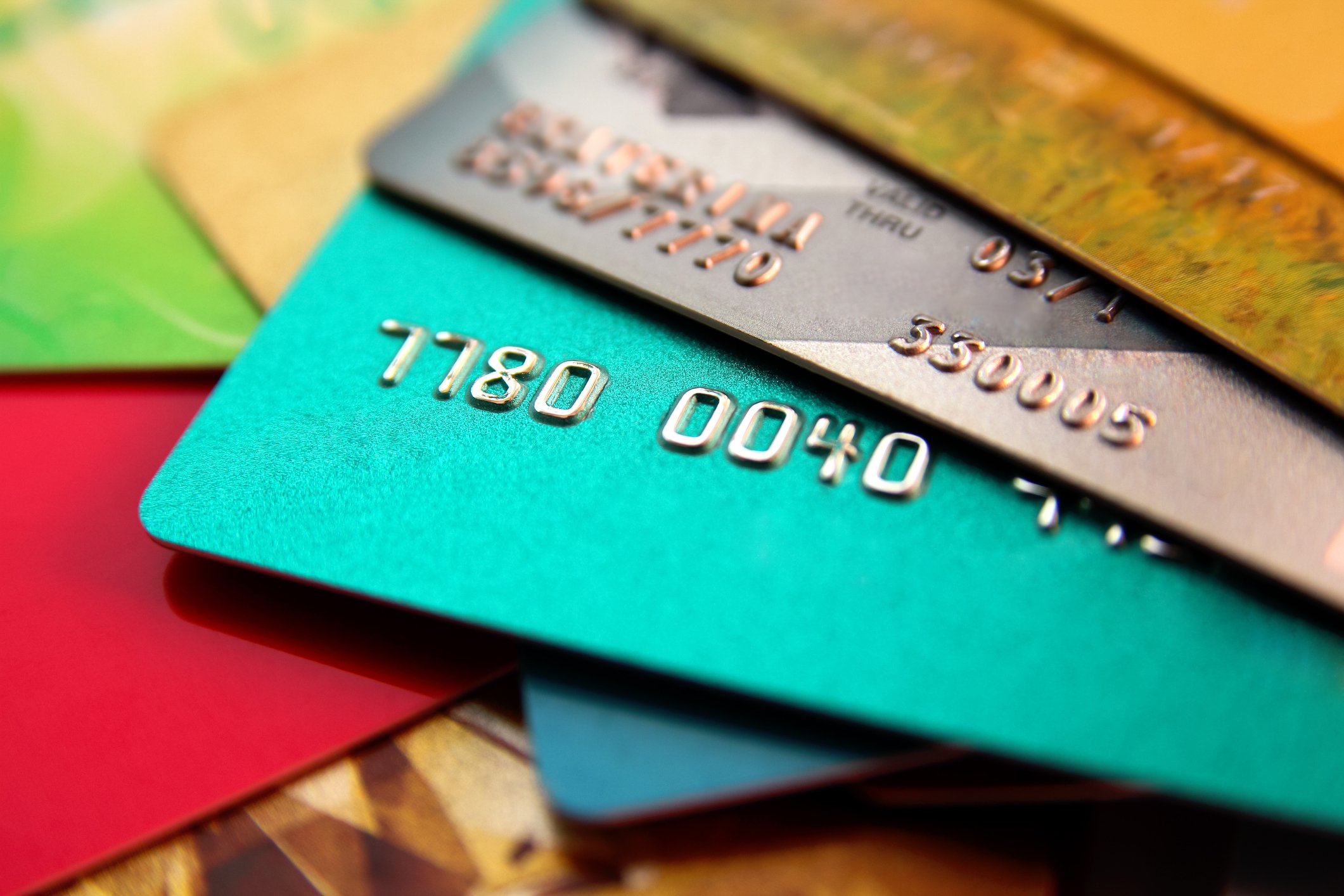 Close-up of several overlapping credit cards