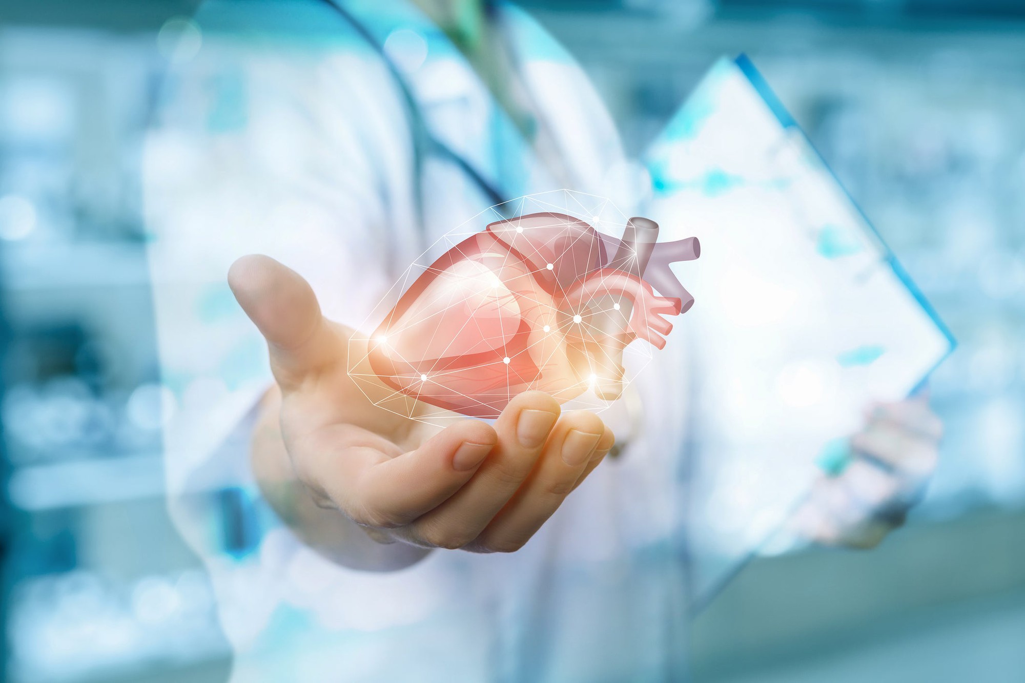 Physician's hand holding a 3D image heart