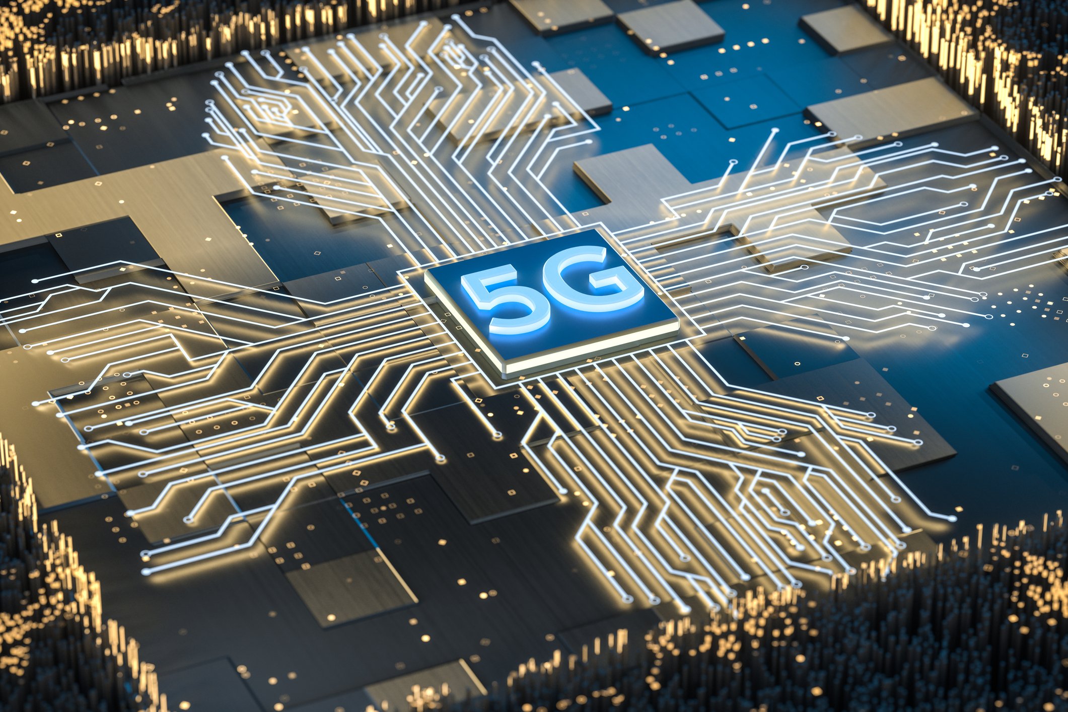 A wireless 5G chip surrounded by circuitry.