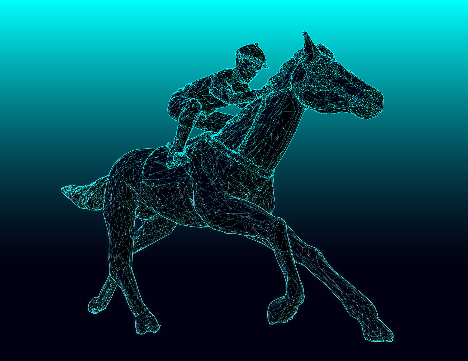 A wireframe digital drawing of a horse and jockey.
