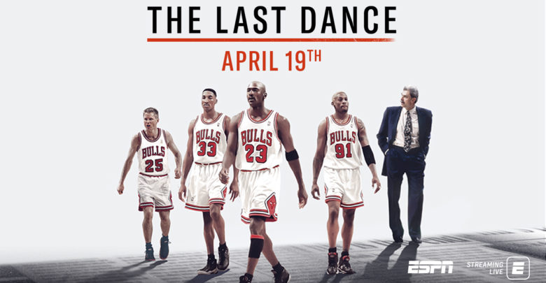 Michael Jordan, Phil Jackson, Scottie Pippen, Steve Kerr and Dennis Rodman in an advertisiement for the Last Dance. 