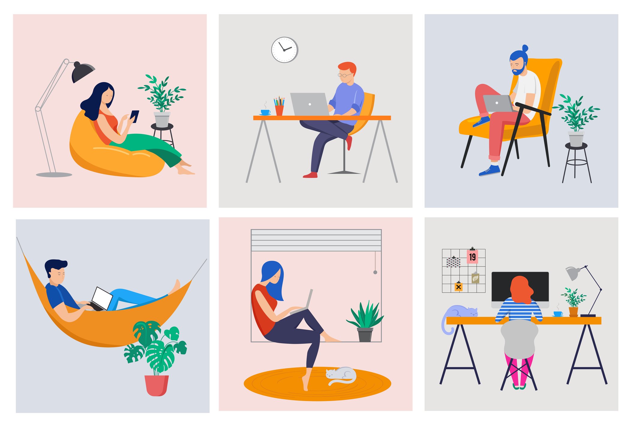 Cartoons of people working in desks, chairs, in hammock, and in window