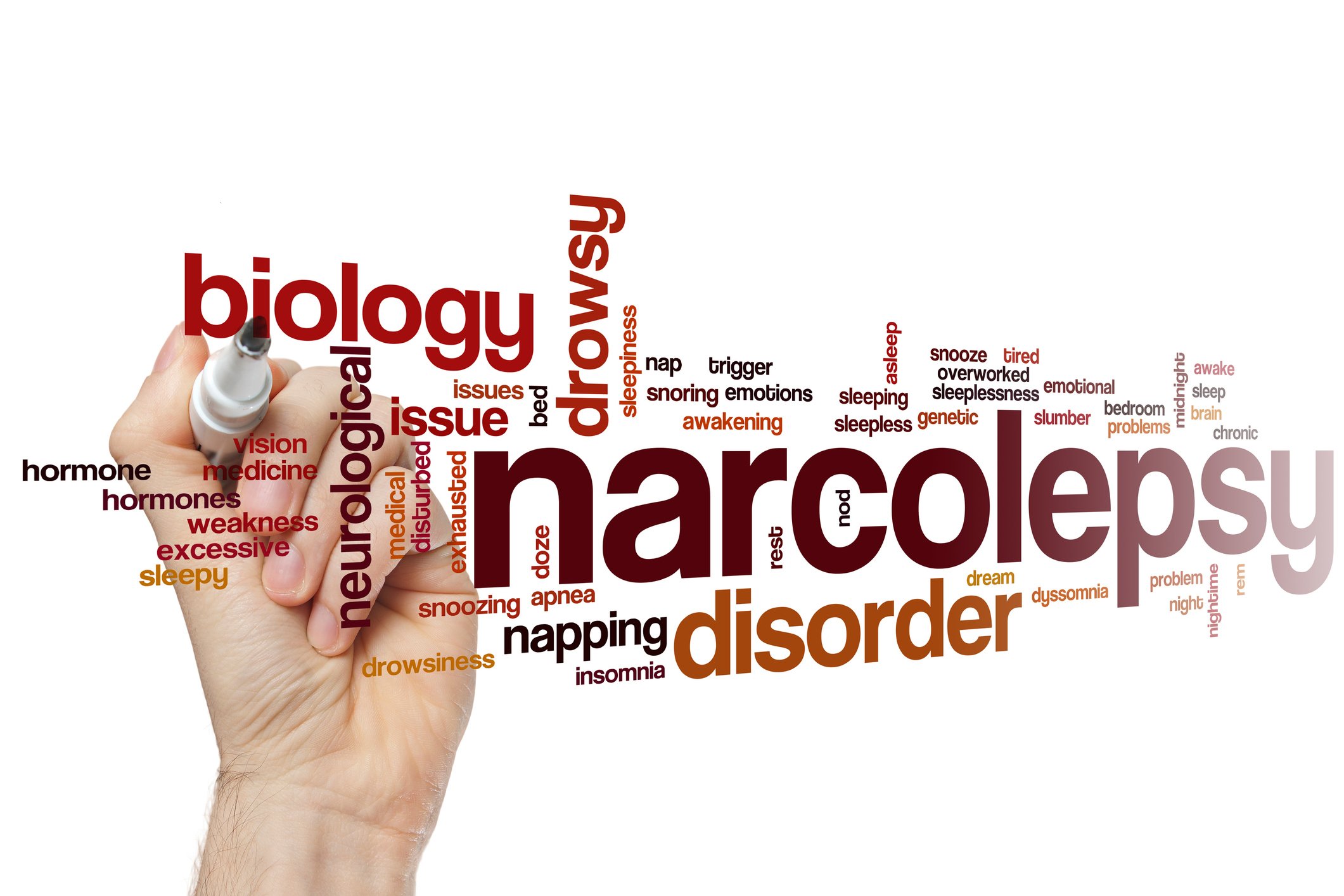 Hand with marker and narcolepsy word cloud