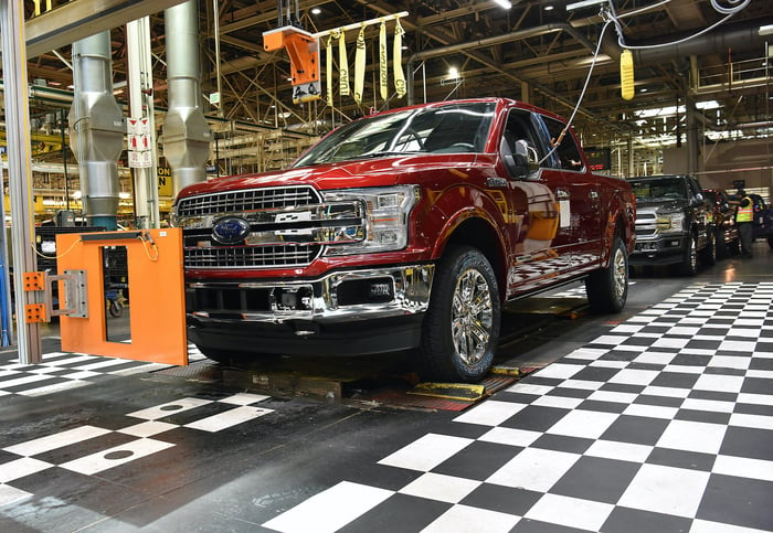 Ford F-150 pickups on the production line at the company's Dearborn Truck Plant in Dearborn, Michigan. 