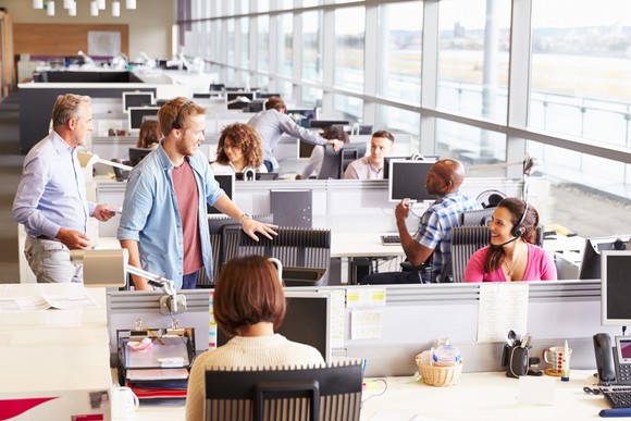 Bustling office, with people sitting at computers and others standing over them