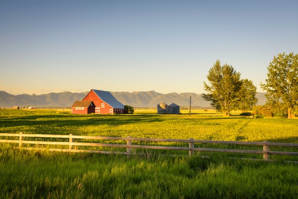 A farmhouse in a rural setting