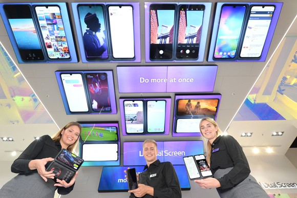 A display of phones using LG Display's screens at CES 2020.
