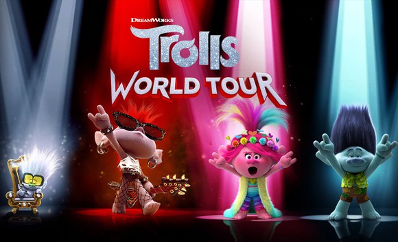 The 'Trolls World Tour' logo and four characters from the film.
