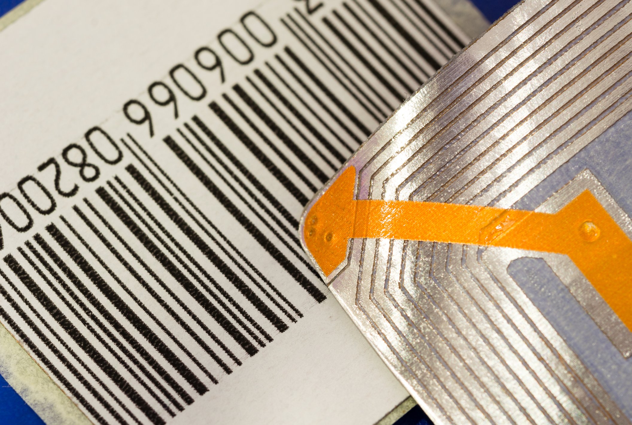 An RFID tag with a barcode.