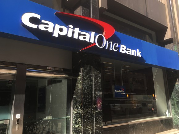 The sign for a Capital One Bank over the entrance.