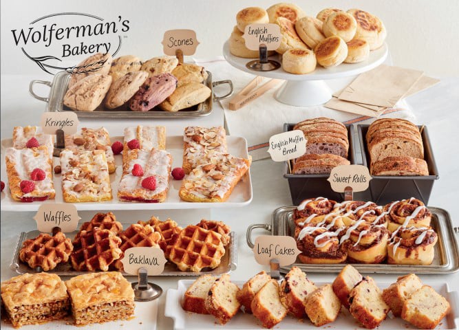An assortment of food from Wolferman's Bakery, a 1-800-Flowers brand.