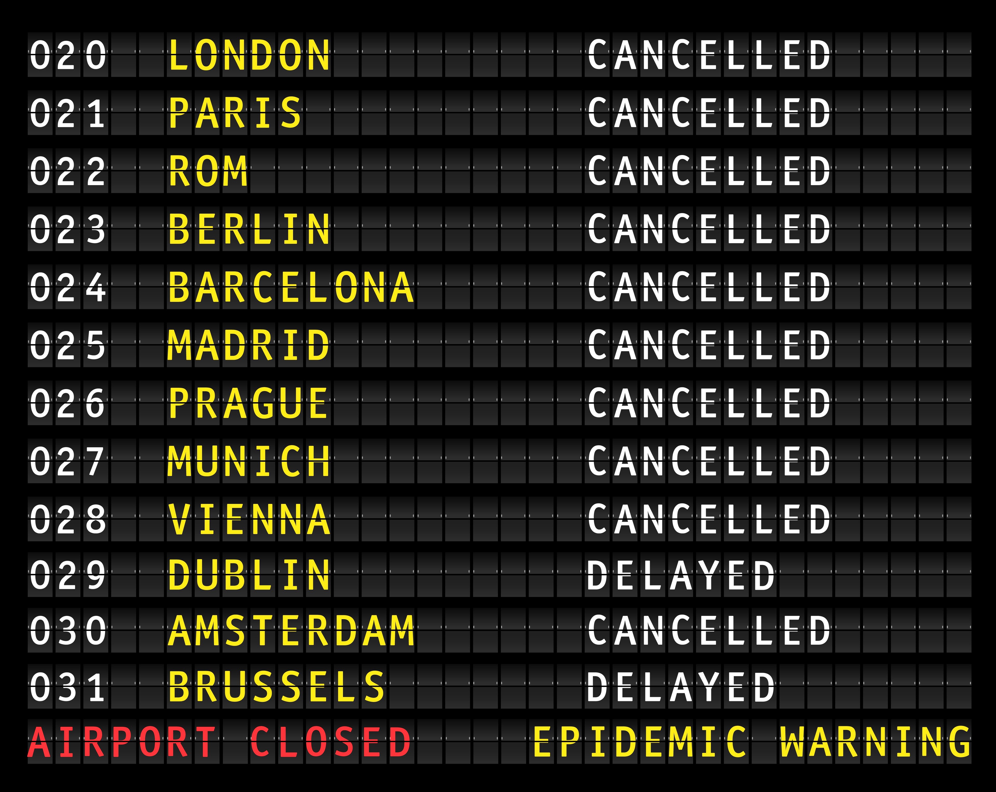 Airport flight board with everything canceled. 