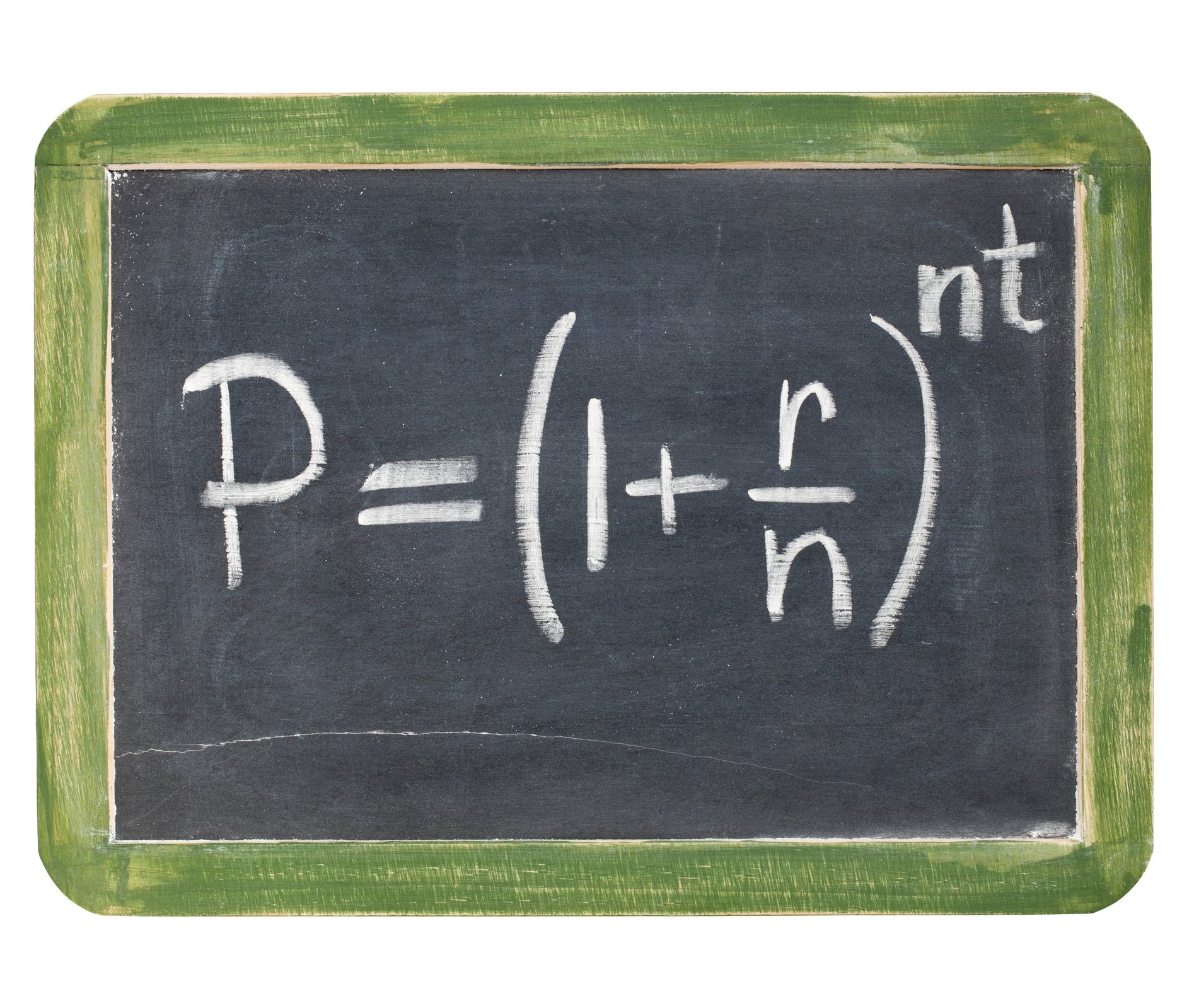 Compound interest equation drawn on a chalkboard