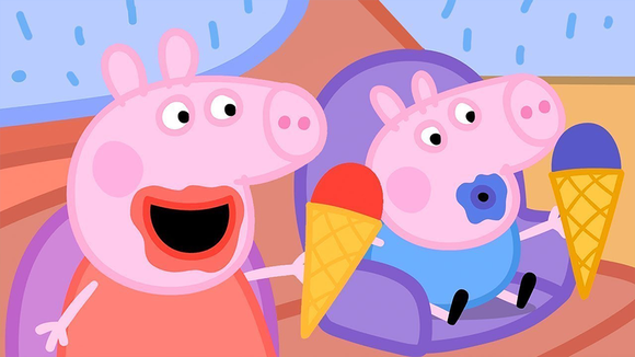 Two animated pigs eating ice cream from EOne's Peppa Pig cartoon.