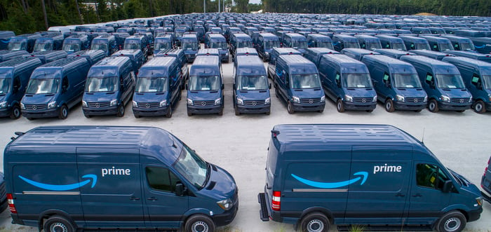 Parking lot with rows of several dozen blue vans marked with Amazon Prime's light blue curved line logo.