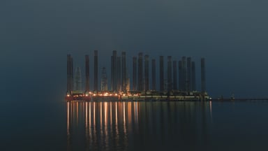 Several offshore drilling rigs sitting idle.