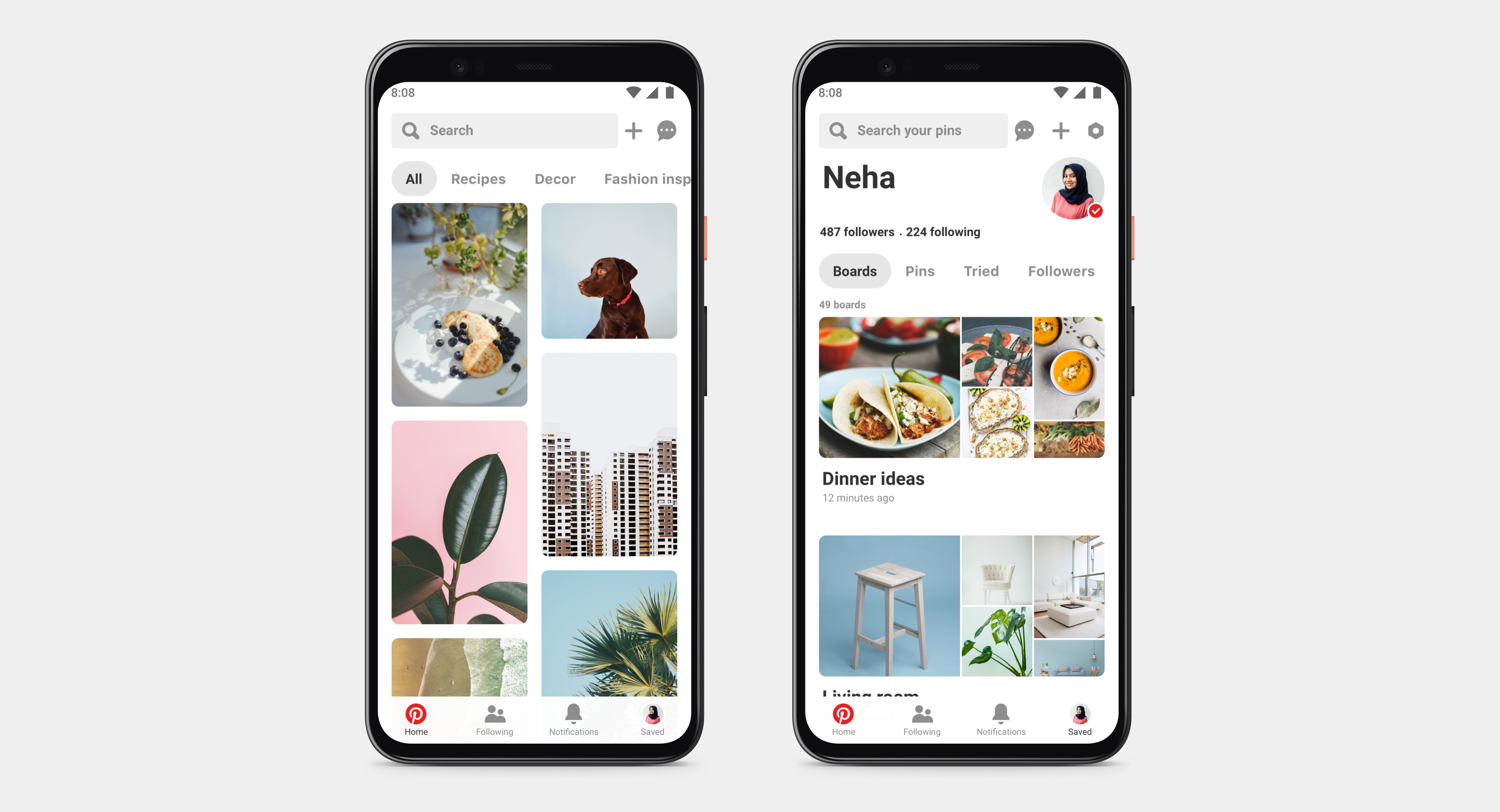 Two phones side by side displaying the Pinterest app.