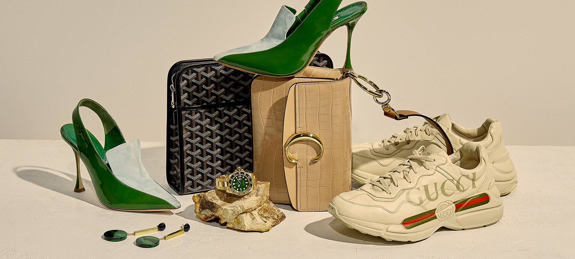 An assortment of brand-name fashion items for consignment.