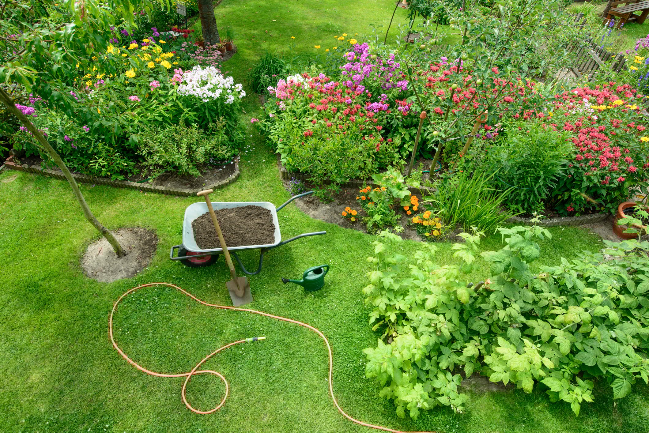 Aerial view of a landscaped yard, with a wheelbarrow filled with soil, a hose, and a watering can.