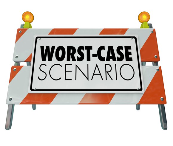 Road-work-style sign with "worst-case scenario" printed on it