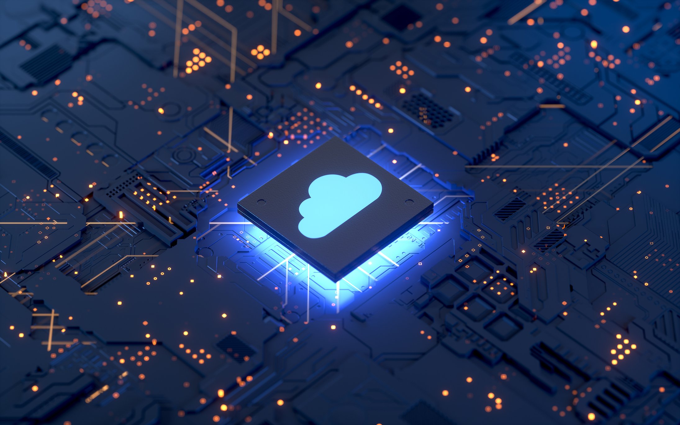 Image of a computer chip with a cloud on it.