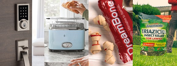 A picture featuring Spectrum Brands' products: a Kwikset door lock, a Black & Decker kitchen scale, Dream Bone dog treat, and Spectacide lawn care.