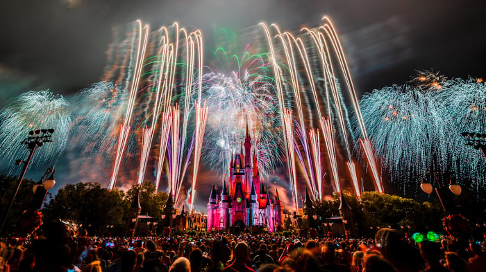 A graphic shows fireworks at a Disney theme park.