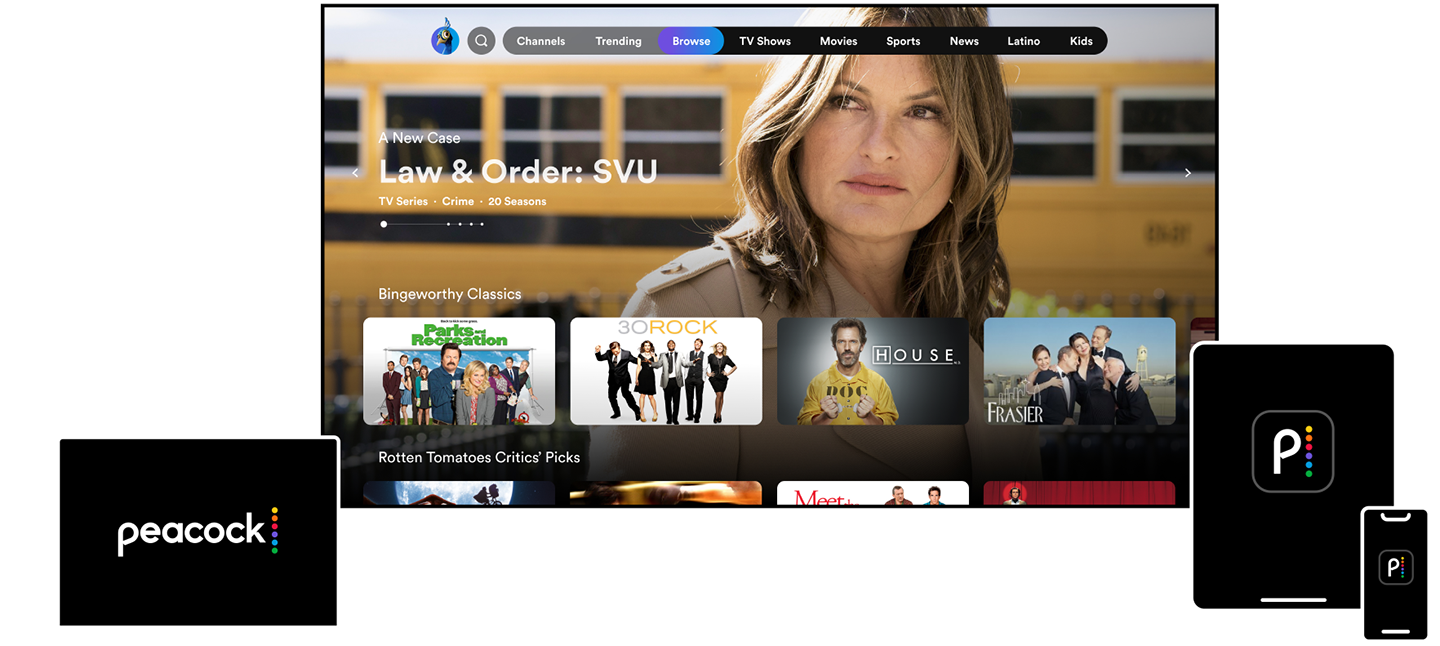 Peacock homescreen on a TV and its logo on a computer, tablet, and smartphone.