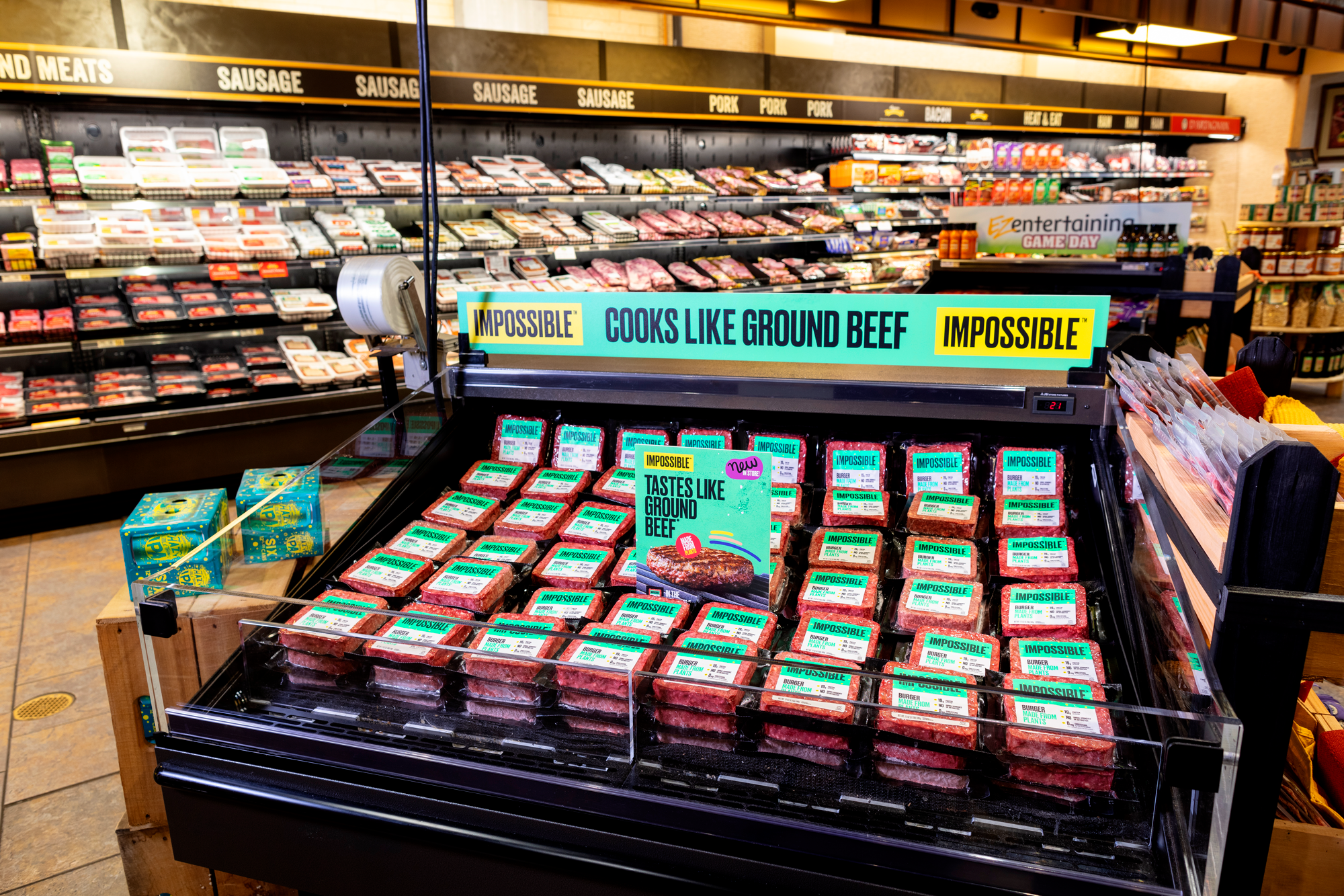 Impossible Foods beef substitutes on display in a supermarket.