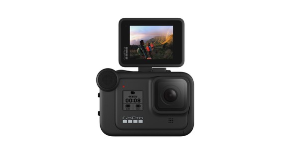 A GoPro Hero8 camera with a display modification attached.