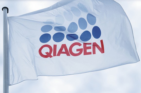 The Qiagen logo on a white flag