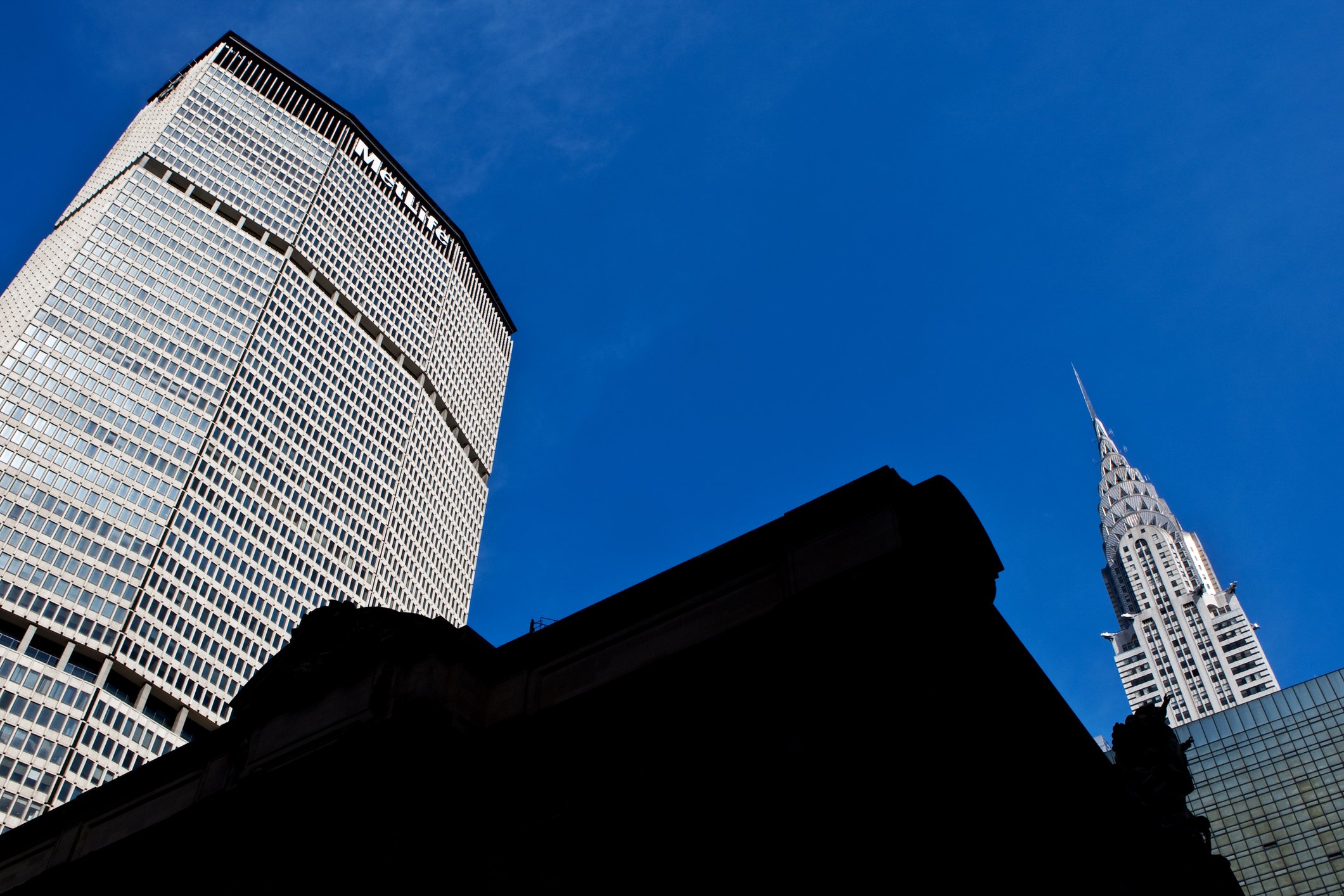 A view from the street of the MetLife building and Chrysler building in Manhattan.