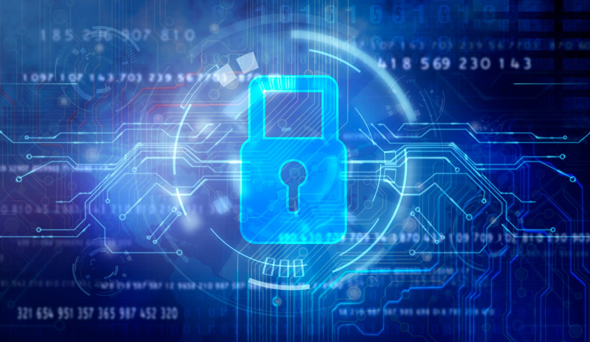 A digital lock in a collage of cybersecurity data.