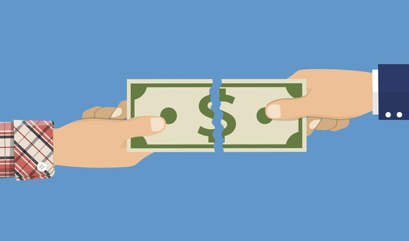 Cartoonized two hands of different people holding different ends of a dollar bill and the bill ripping down the middle. 