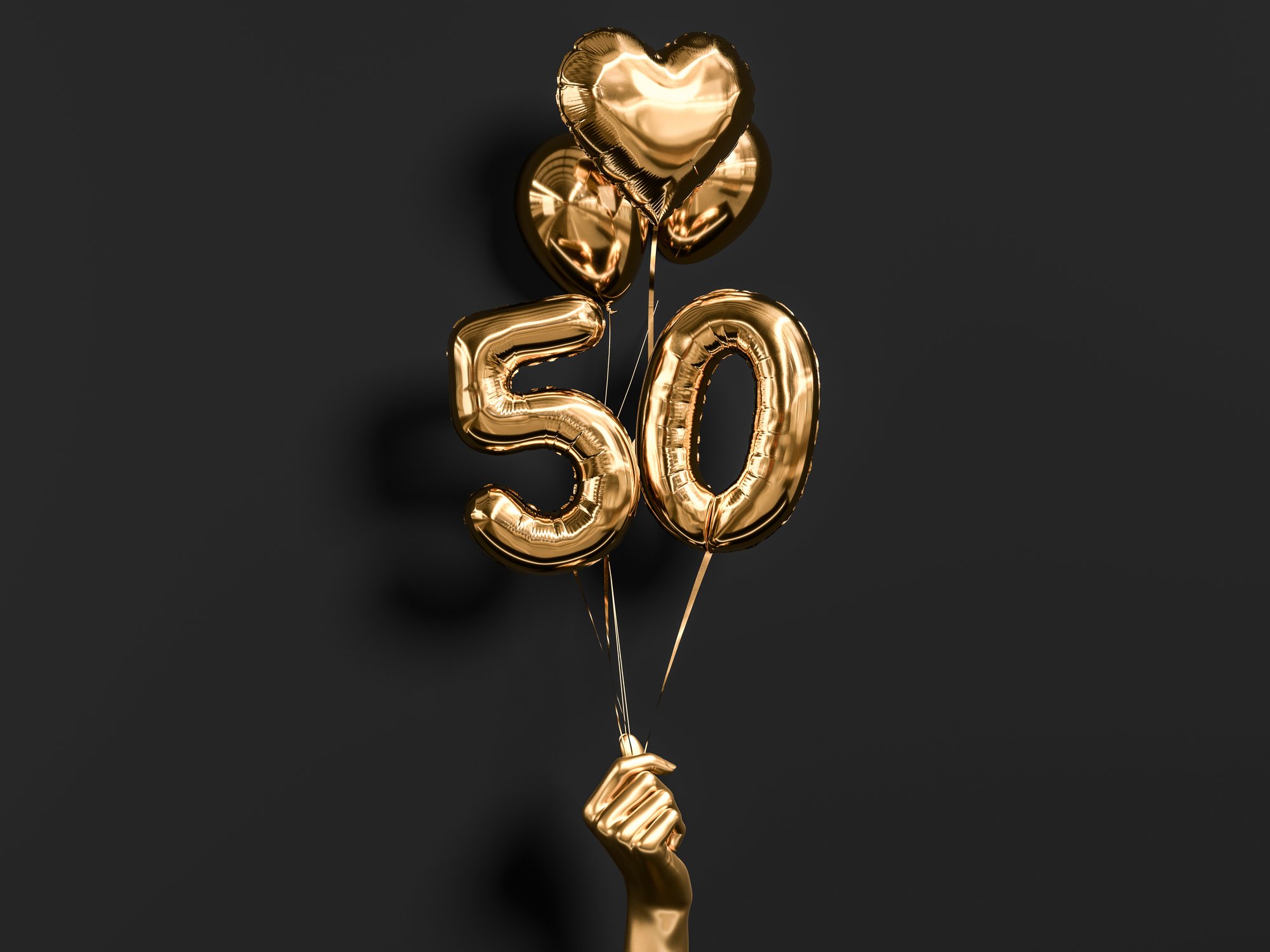 A golden hand holds up numbered "50" balloons with hearts.