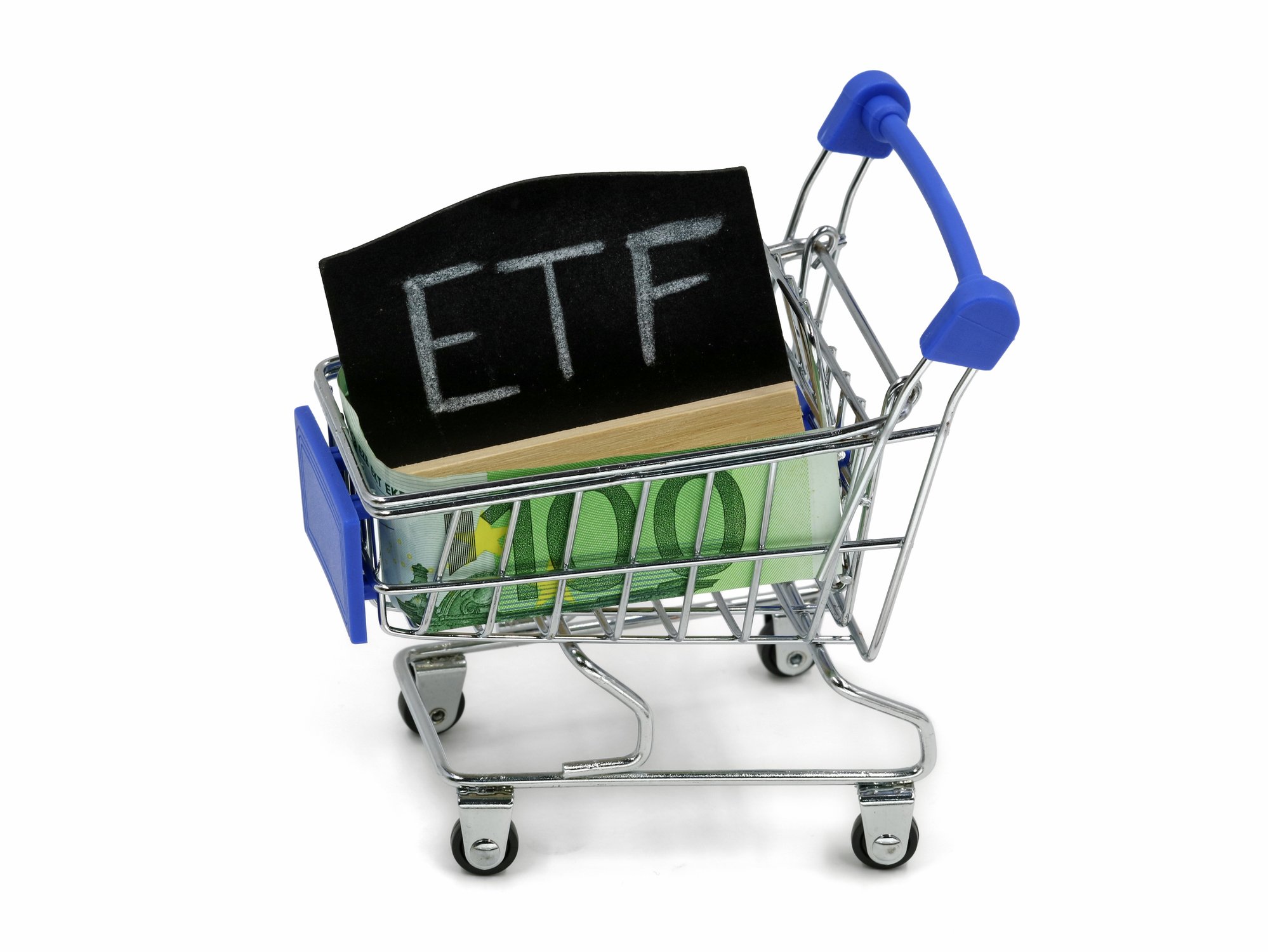 A box marked ETF on the top sitting in a grocery shopping cart.