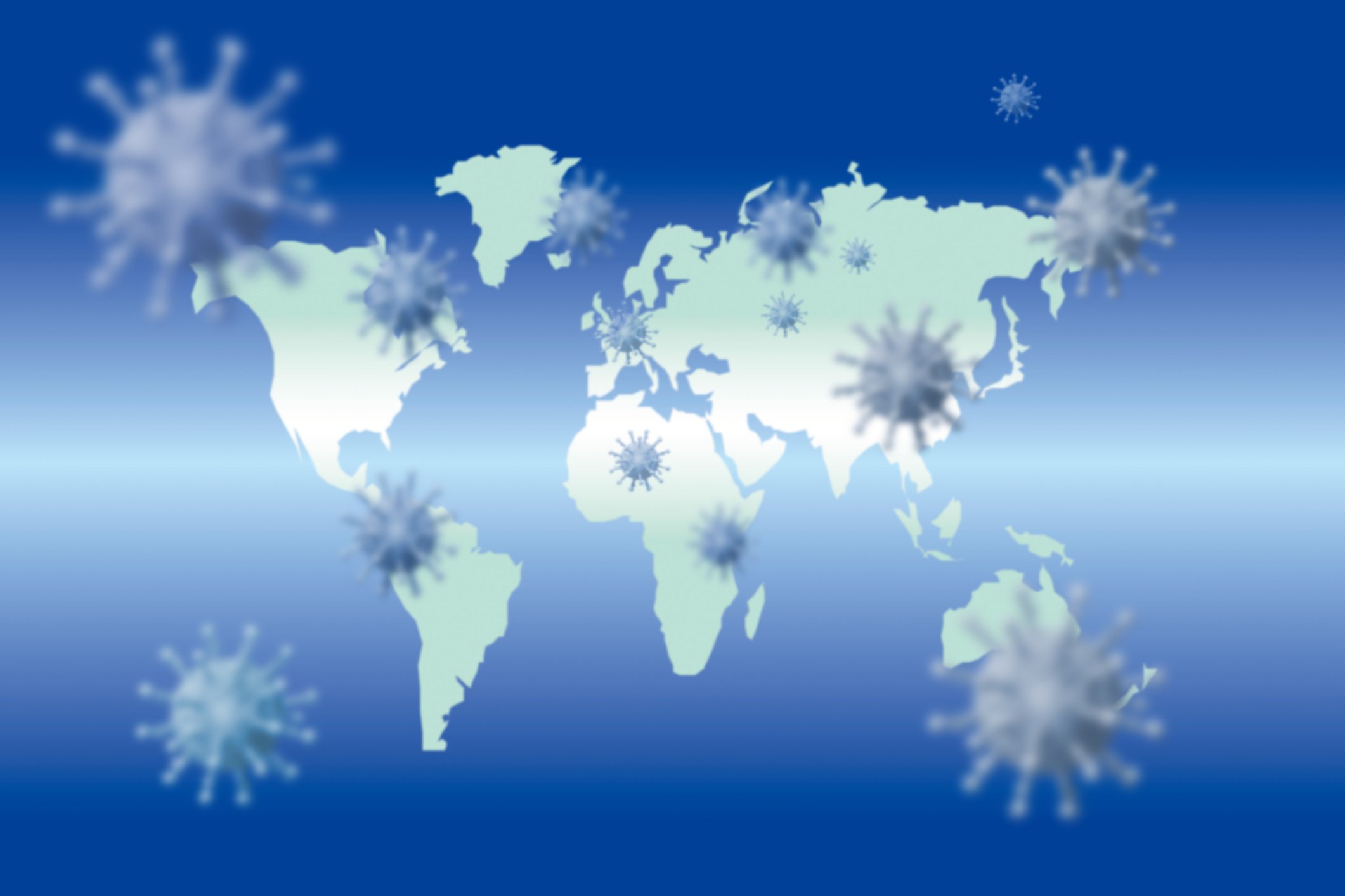 World map with virus particles superimposed