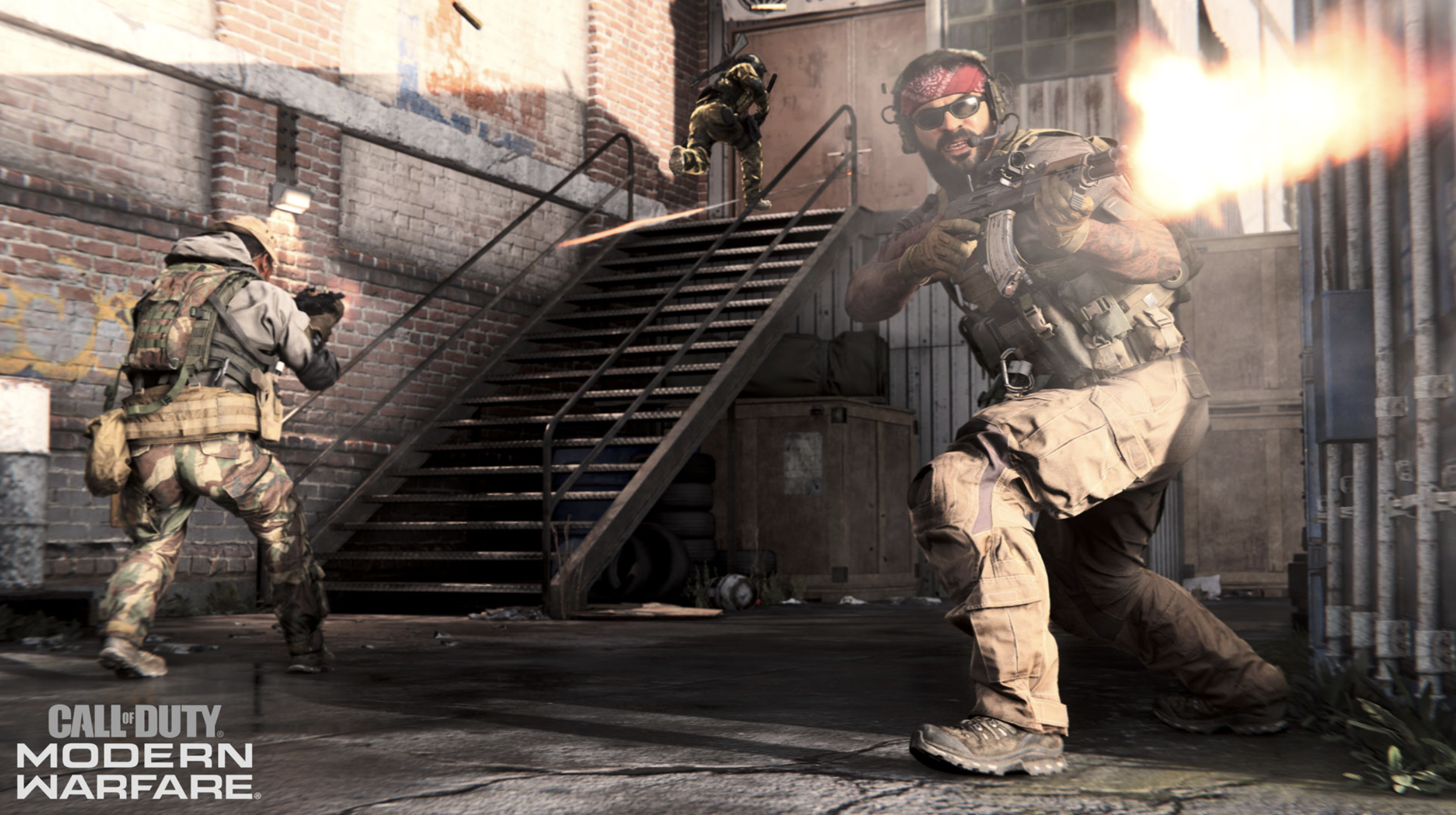 A screenshot from Activision's Call of Duty Modern Warfare showing three soldiers running during combat.