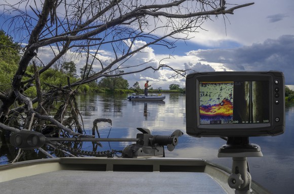fishfinder on front of boat on river