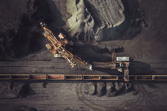 Overhead shot of a coal mine loading terminal.