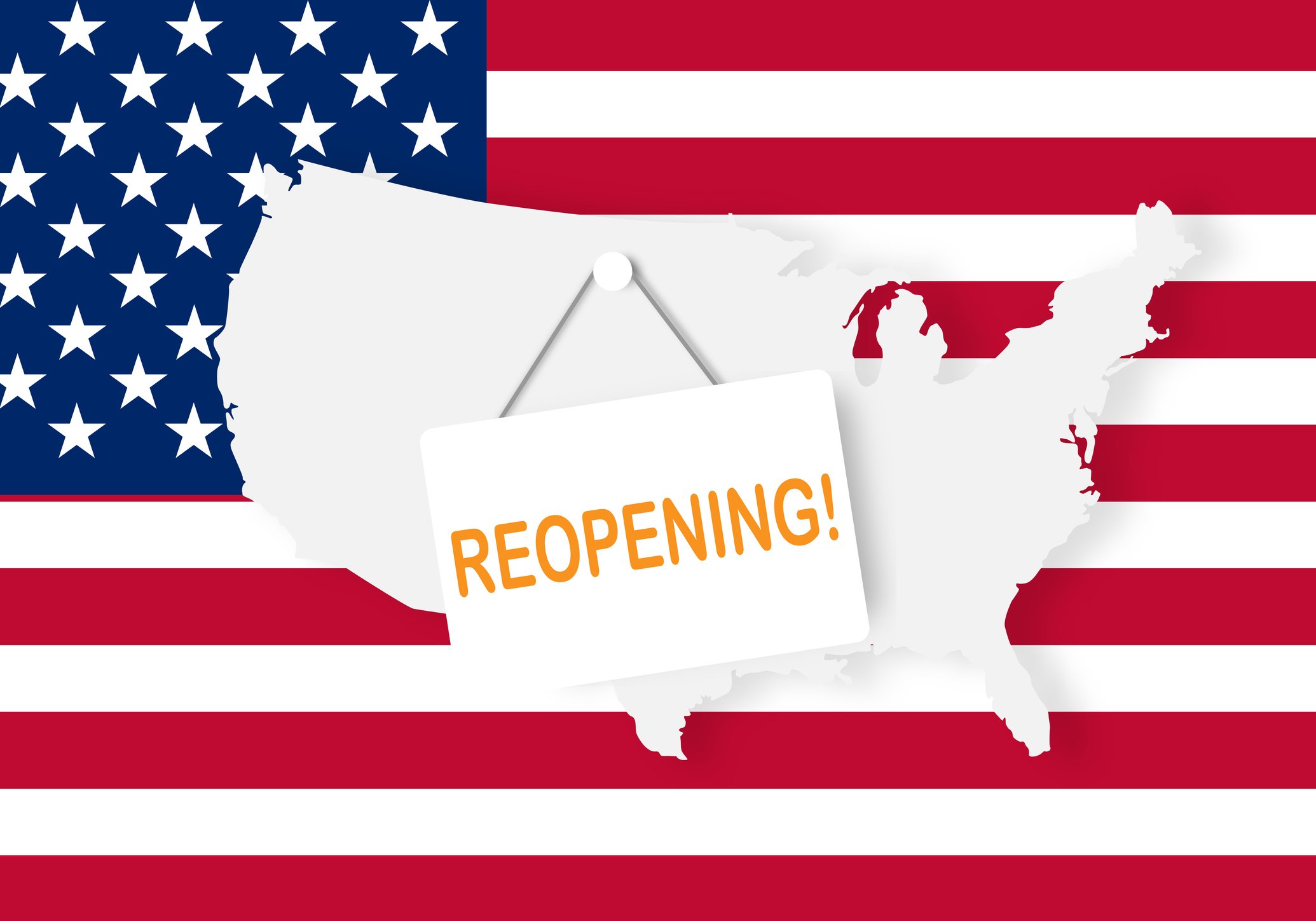 U.S. flag and map with a sign saying "reopening!" hanging from the map.