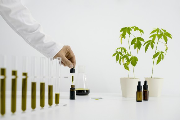 CBD oil being added to a prescription bottle with a dropper.