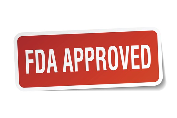 "FDA approved" in white letters on a red background.