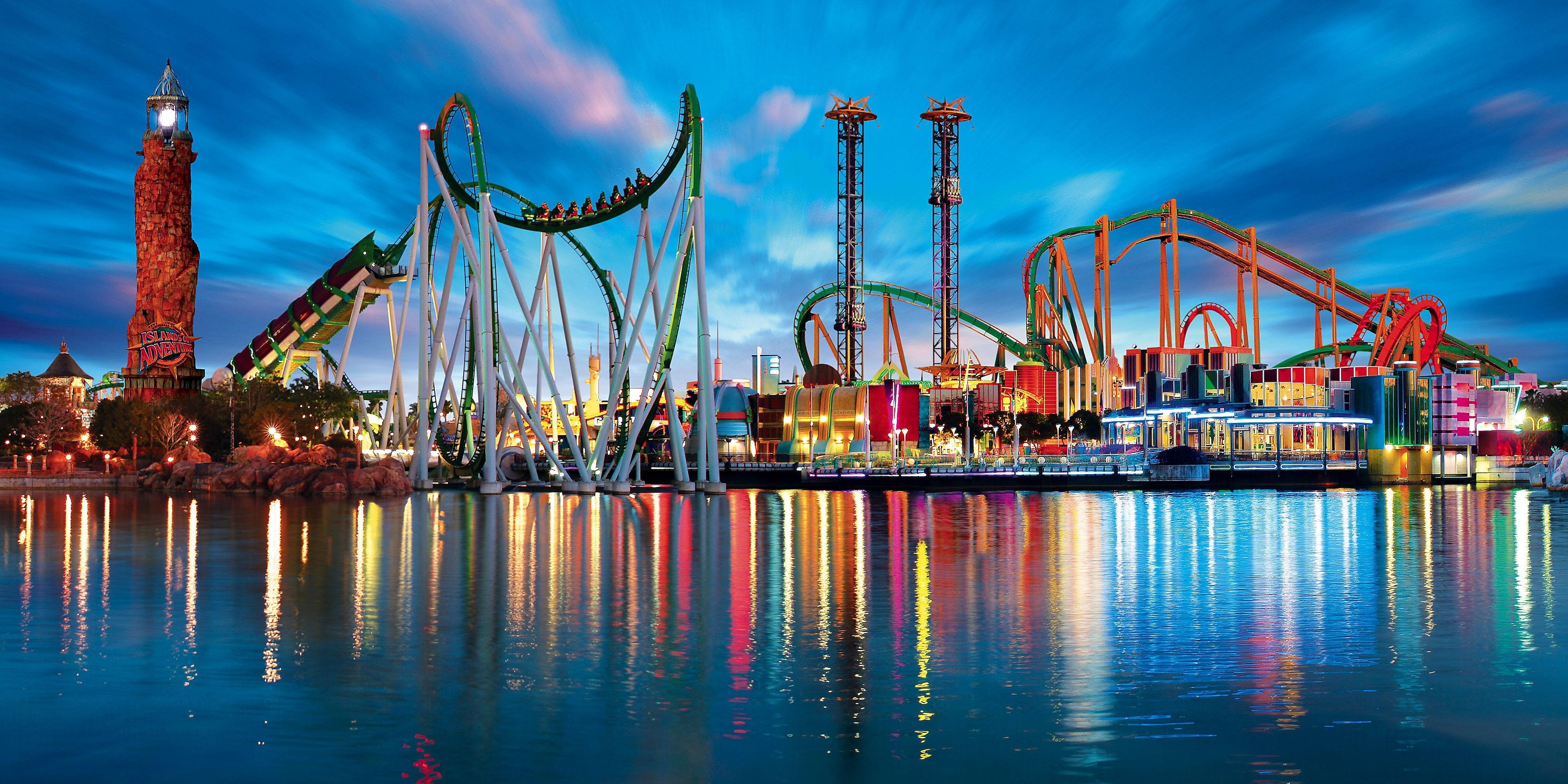 Universal Orlando's Islands of Adventure, a panoramic view at dusk.