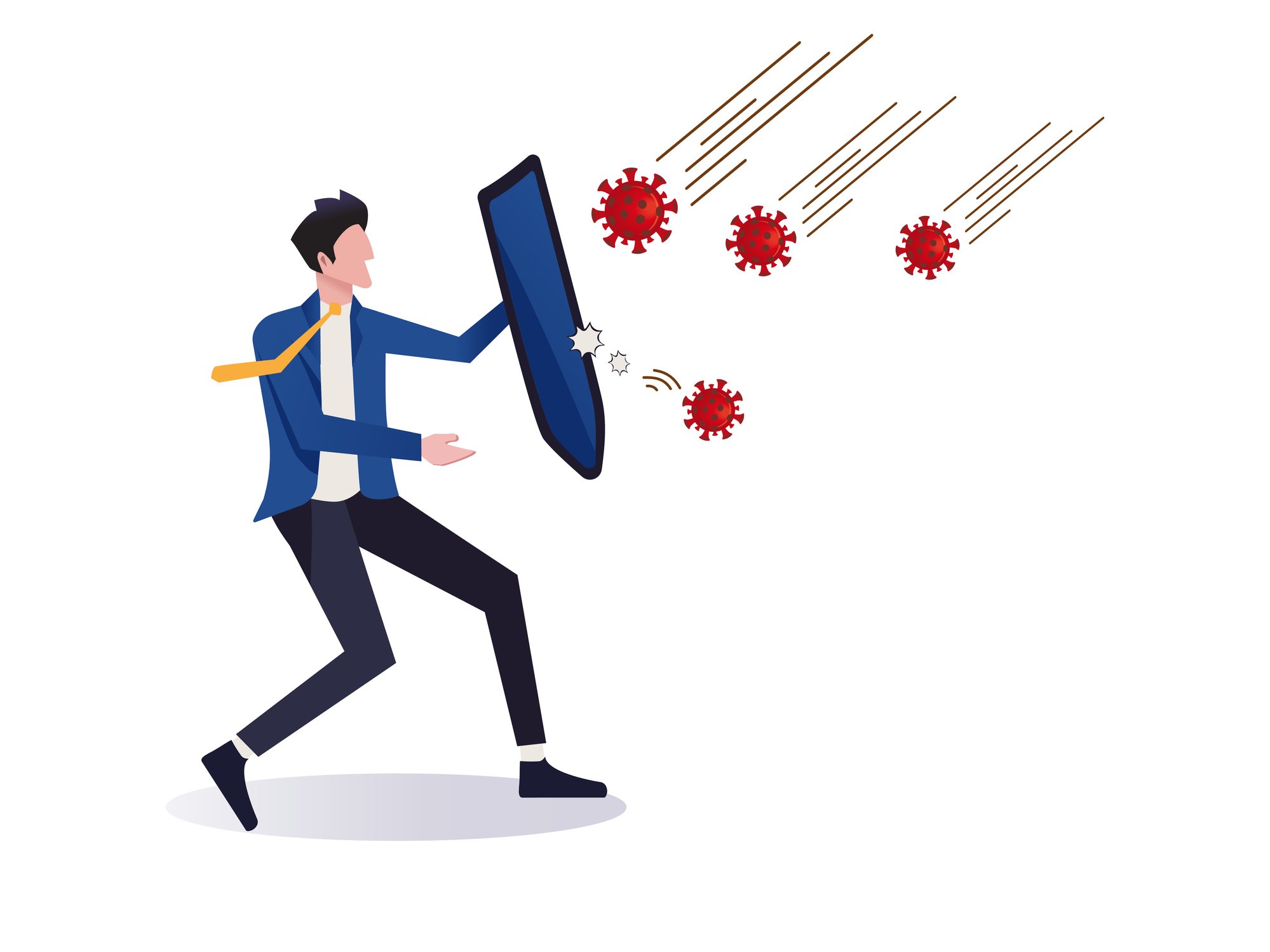 An illustration showing a stick figure holding a shield as he is bombarded with coronavirus cells