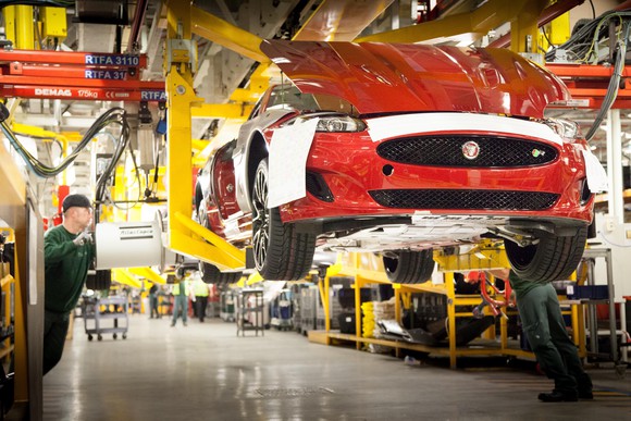 Cars on the assembly line at Jaguar Land Rover's Castle Bromwich factory in the U.K.