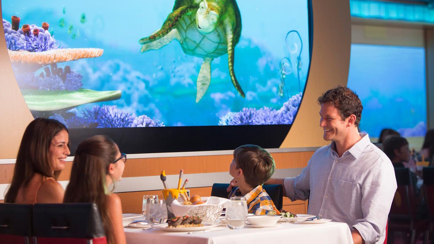 A family dining on a Disney cruise ship.
