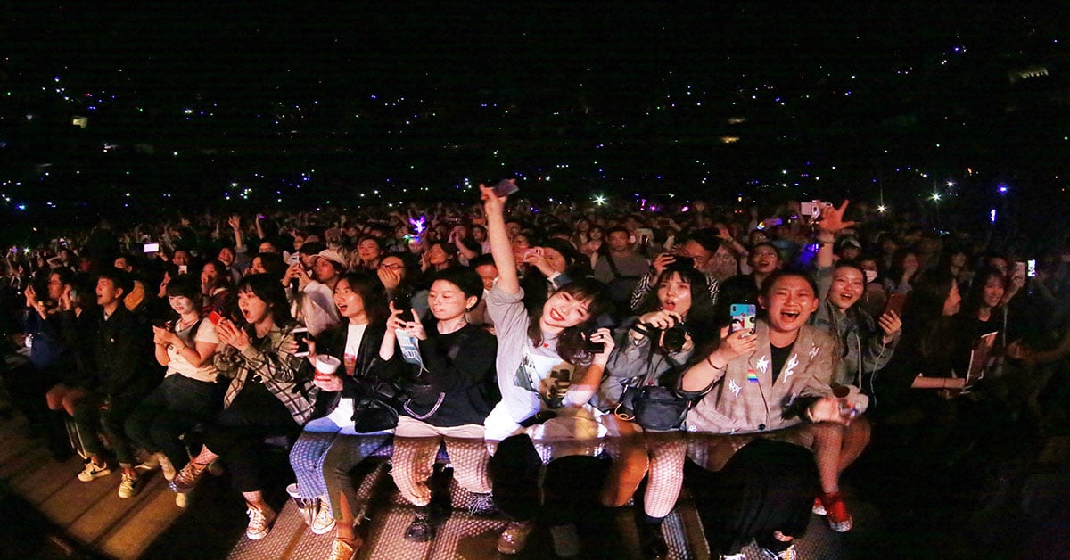 A crowd in the front rows of a live music event.